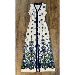 Vtg 60's 70's Maxi Dress sleeveless blue green paisley mod boho summer retro